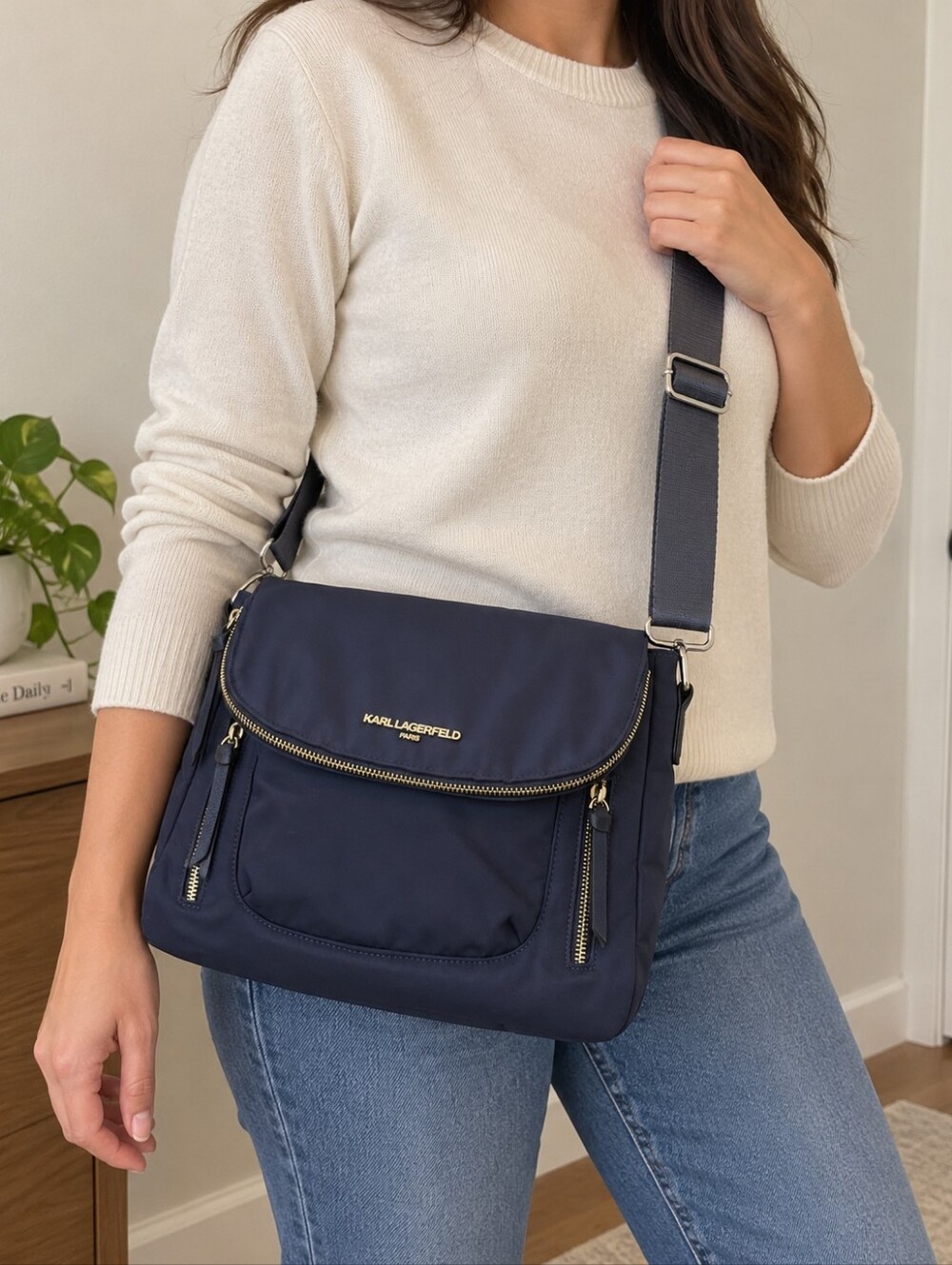 Karl Lagerfeld Paris Navy Nylon Messenger Crossbody